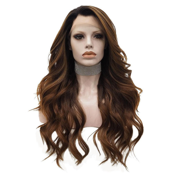20-26inch Dark Brown with Caramel Blonde Highlights Front Lace Synthetic Wig