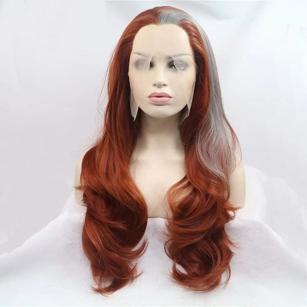 24" Ginger Color With Grey Highlights Wave Free Part Lace Front Synthetic Wigs