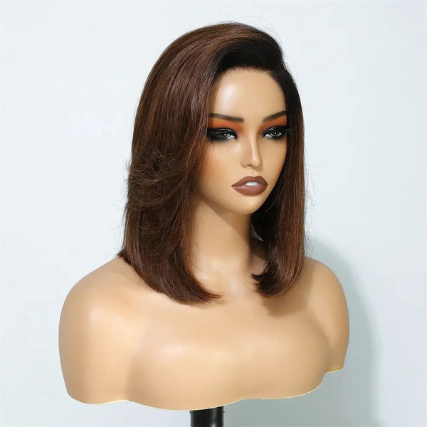 10-14inch Brown Ombre C Part Straight Bob T Part Transparent Lace Human Hair Wigs
