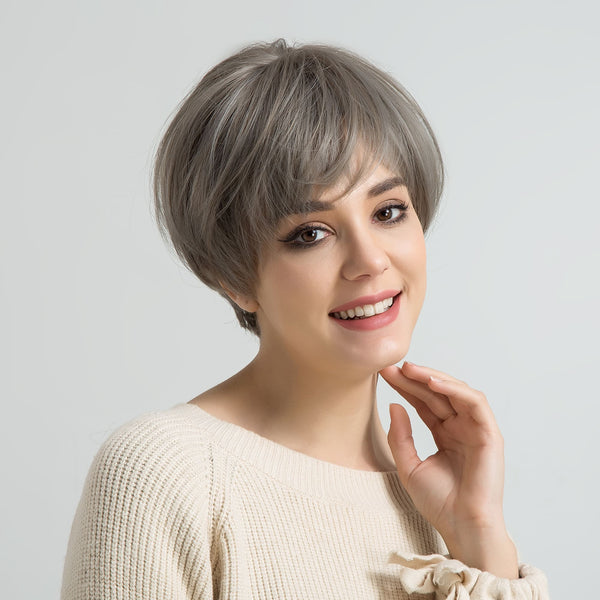 8inch Grey Layered Cut With Bang Heat Resistant Fiber Synthetic Wig