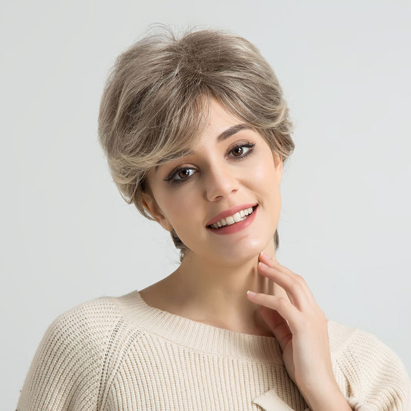 8inch Short Pixie Cut Grey Base With Lighter Silver highlights Heat Resistant Fiber Synthetic Wig
