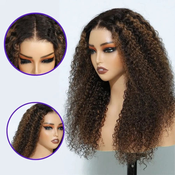 14-28inch Caramel Highlights Curly Glueless 7x5 Closure Human Hair Wigs