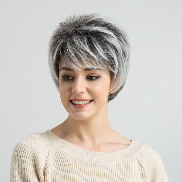 8inch Short Pixie Cut Grandma's Grey Heat Resistant Fiber Synthetic Wig