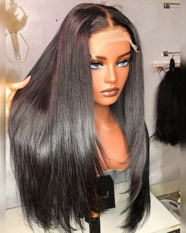 24inch Black Layered Cut 180% Density Straight Transparent Lace Virgin Human Hair 5x5 Closure Wigs