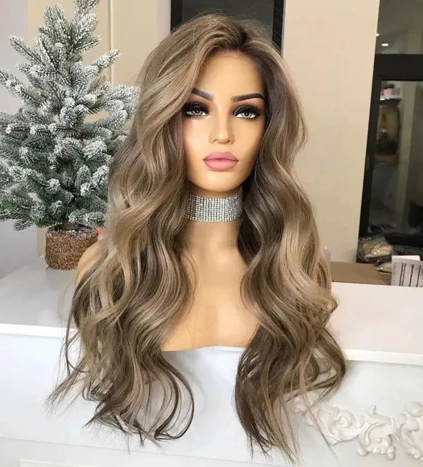 Human hair blend ombré ash brown wave wig.. Ash Brown Body Wave Lace Front Wig: 36 Inch Human Hair Blend  main image 2