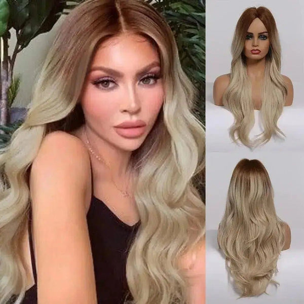 24inch Ombre Brown Blonde Wavy Natural Middle Part Synthetic Wigs for Women Cosplay Heat Resistant - ULOFEY