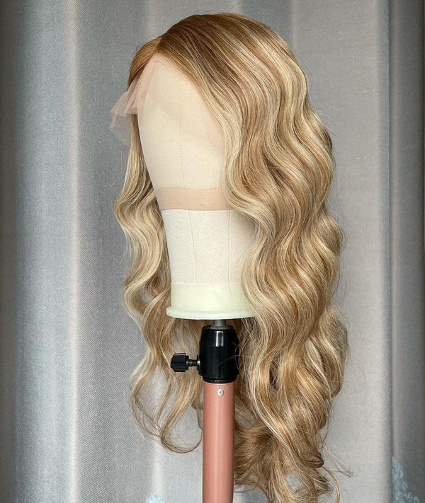 16-24inch Beige Blonde Highlights Wave Glueless 13x4 Front Lace Human Hair Wig
