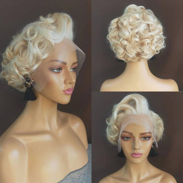 6-12inch Pixie Cut Short Curly Bob 613 Blonde 13x6 Lace Frontal Human Hair Wigs
