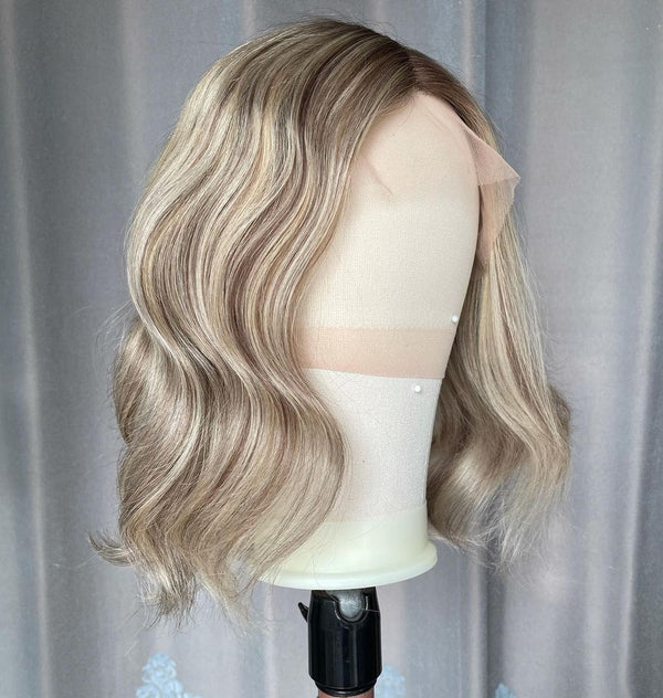 12inch Gradient Blonde | Ombre T4/613 Brown Roots Blonde BOB Wave Glueless 13x4 Front Lace Human Hair Wig