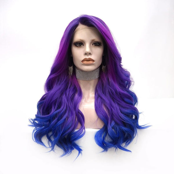 20-26inch Blue Highlights Rainbow Color Wavy Lace Front Synthetic Wigs