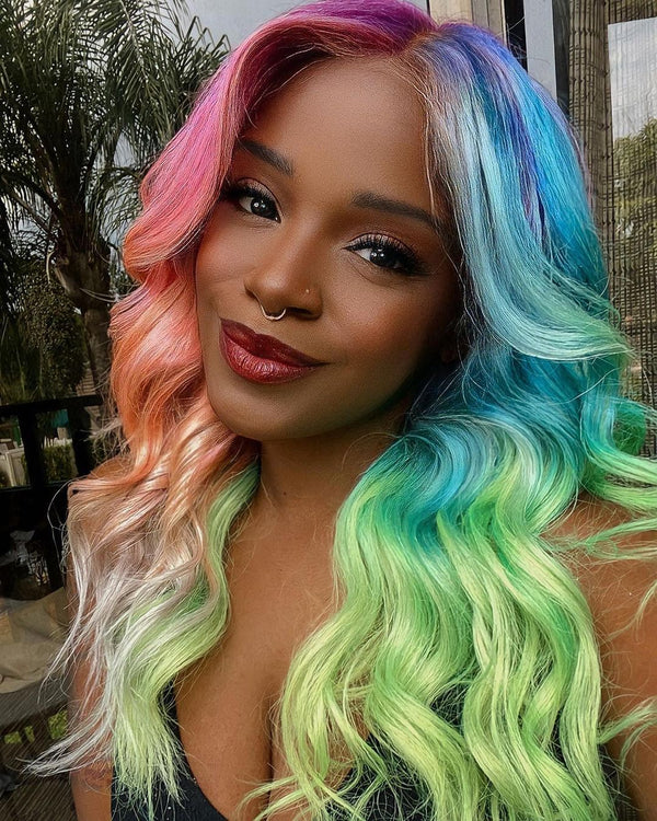 14-26inch Multi-Color Rainbow 13*4" Lace Front Synthetic Wig For Cosplay