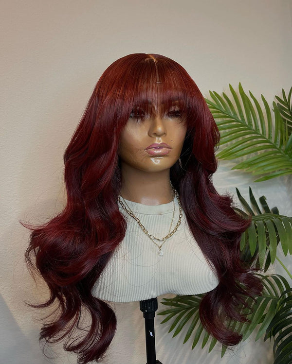 14-24 inch Bright Red⁣ Wavy with Blunt Cut Bangs Ready To Go Glueless  Human Hair 5x5 Closure Wigs