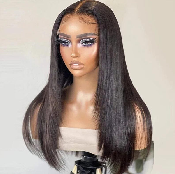 20-24inch Black⁣ Straight Layered Cut Glueless HD Lace Human Hair 7x5 Closure Wigs