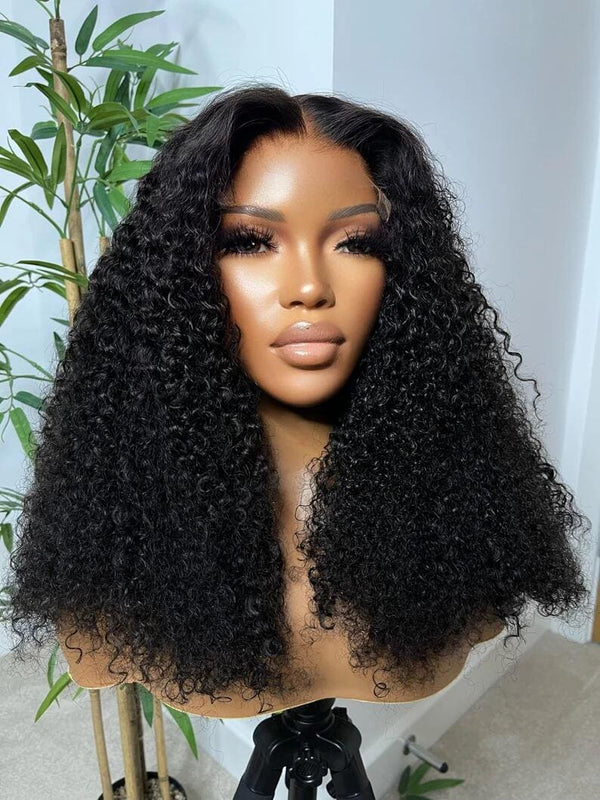16-24inch Black Bleached Knots Glueless Curly Water Wave HD Lace Human Hair 7x6 Closure Wigs