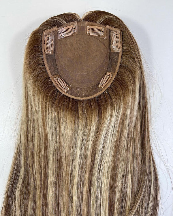 14-20inch Honey Blonde Highlights 8”*8” Silk Base Clip In Virgin Human Hair Topper