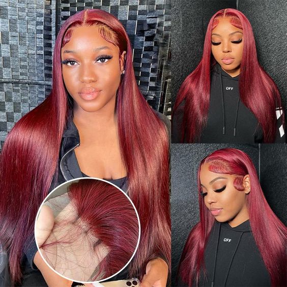14-24inch Burgundy Red Pre Plucked 13*4 Front Lace Human Hair Wigs