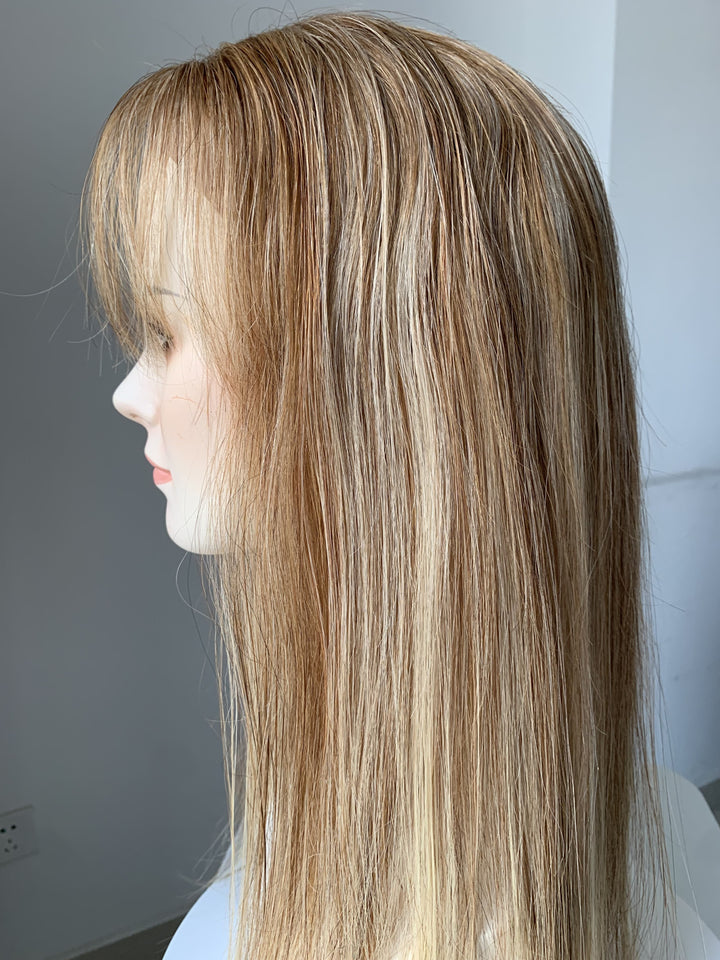 Ash Blonde Balayage 8" x 7" Mono Base + NPU With Bang Virgin Human Hair Topper - ULOFEY
