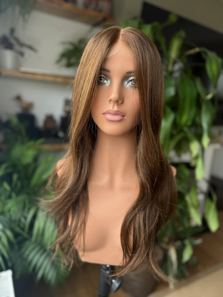 14-24inch Ash Brown Balayage Virgin Human Hair Mono Top Hand-Tied Wigs - Ulofey Wigs 