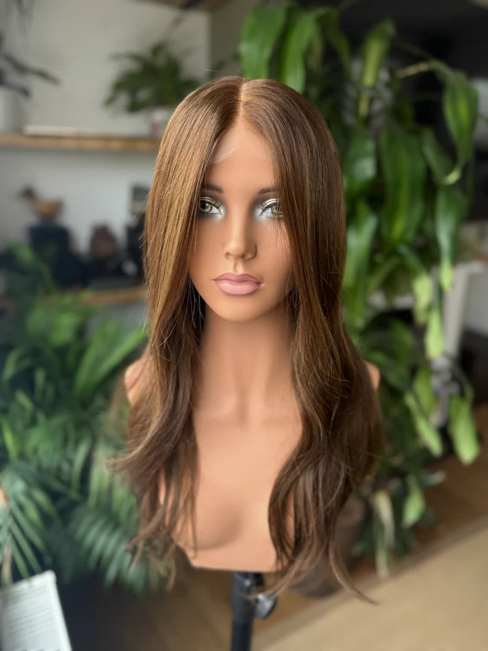 14-24inch Ash Brown Balayage Virgin Human Hair Mono Top Hand-Tied Wigs - Ulofey Wigs 