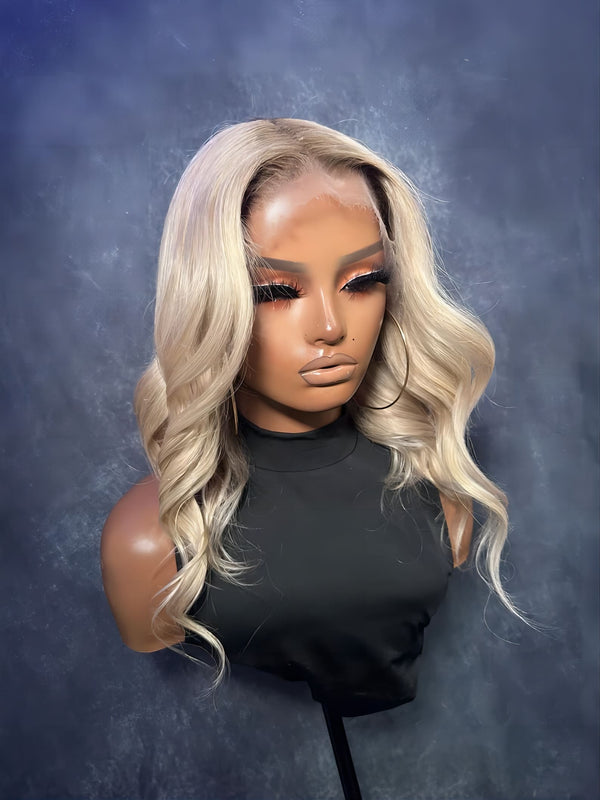 14-24inch Ashy White Blonde Middle Part Wavy Pre Plucked 13*6 HD Lace Front Human Hair Wig - ULOFEY