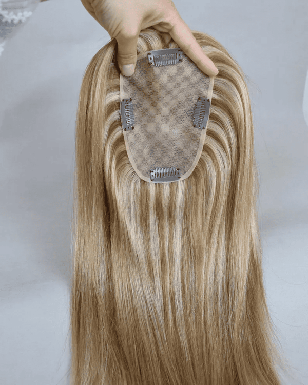 12-18inch Beige Brunettes Full Mono 4x6" Clip In Virgin Human Hair Topper - Ulofey Wigs