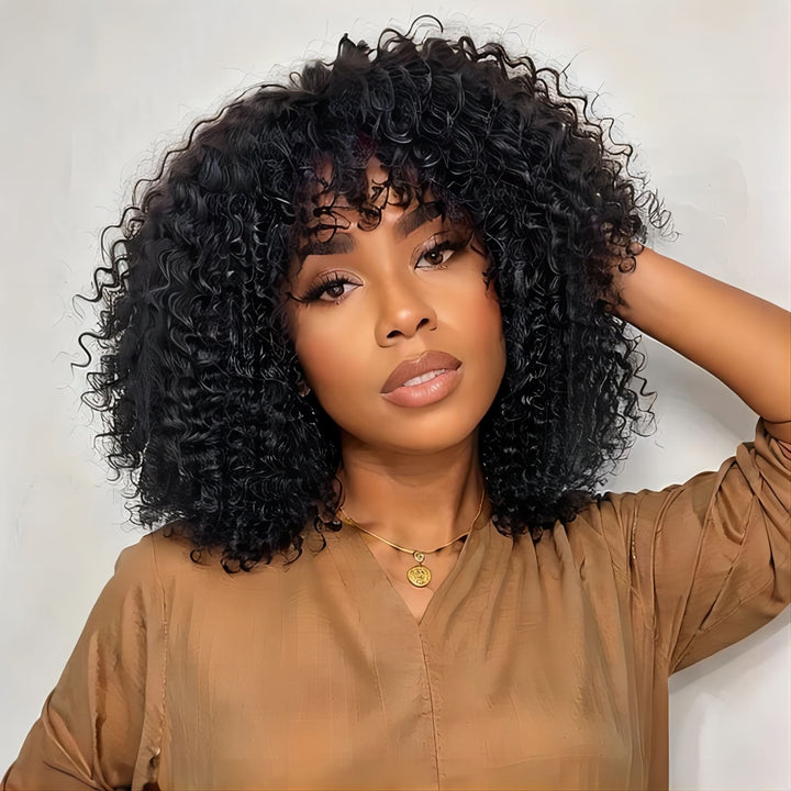 10-14inch Short Black Afro Curly Deep Wave With Bangs  Machine Made Human Hair Wig