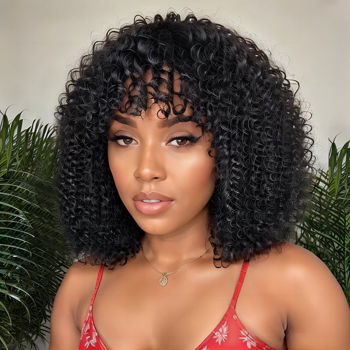 10-14inch Short Black Afro Curly Deep Wave With Bangs  Machine Made Human Hair Wig