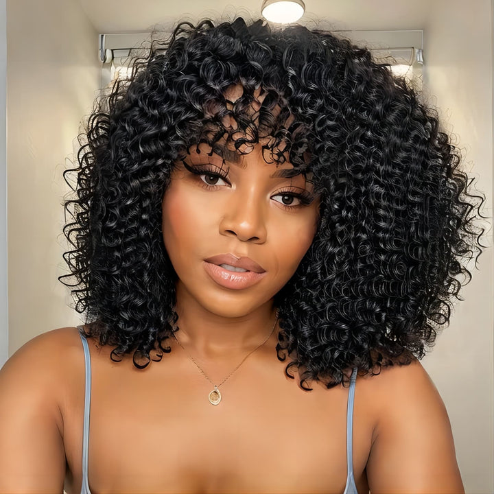 10-14inch Short Black Afro Curly Deep Wave With Bangs  Machine Made Human Hair Wig