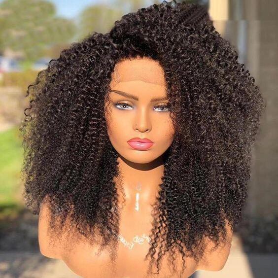 10-24inch Black Afro Kinky Curly With bang 13x4 Lace Frontal Human Hair Wigs