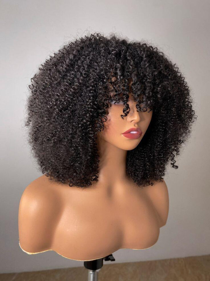 10-24inch Black Afro Kinky Curly With bang 13x4 Lace Frontal Human Hair Wigs