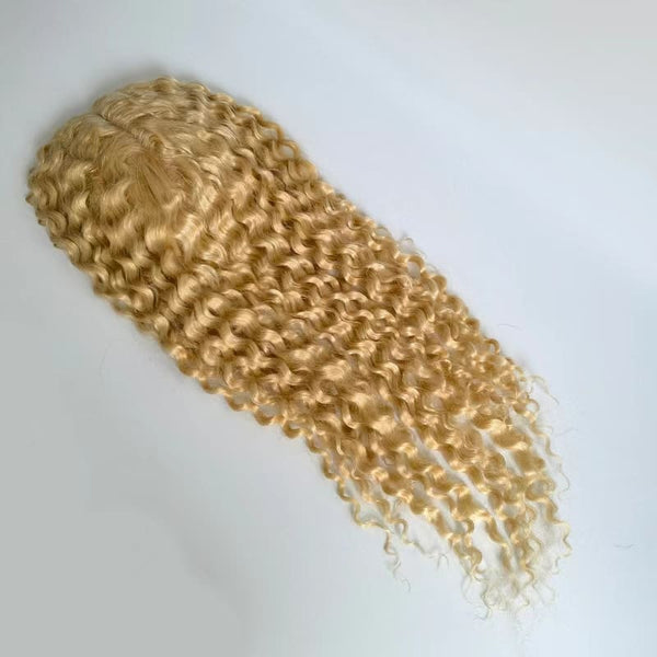 Black And Blonde Curly Water Wave Skin Base Cilp In Human Hair Topper - ULOFEY
