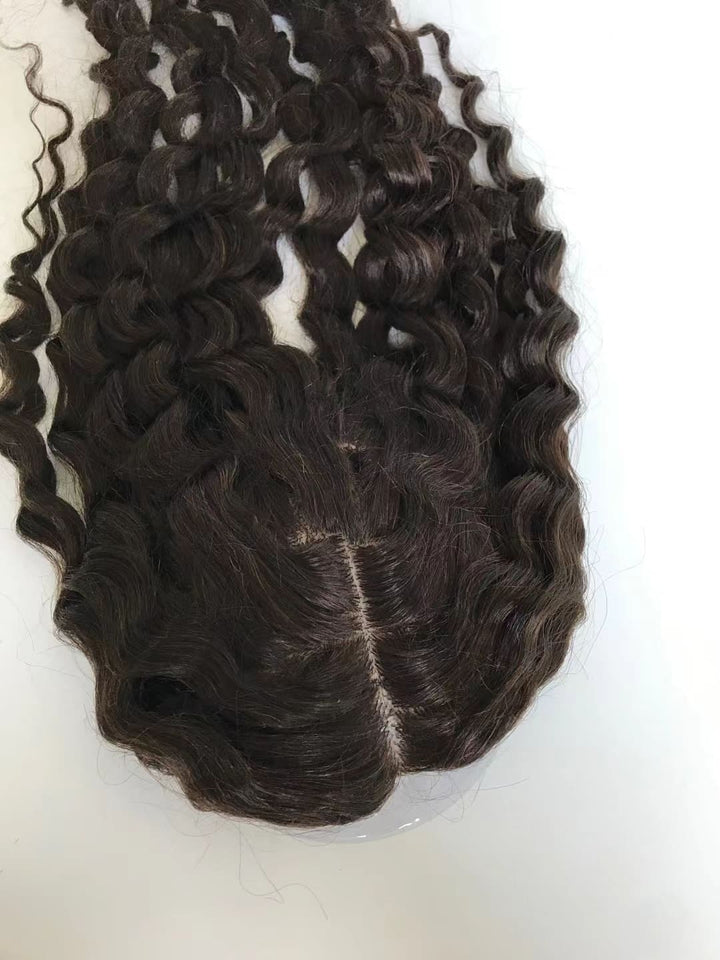 Black And Blonde Curly Water Wave Skin Base Cilp In Human Hair Topper - ULOFEY