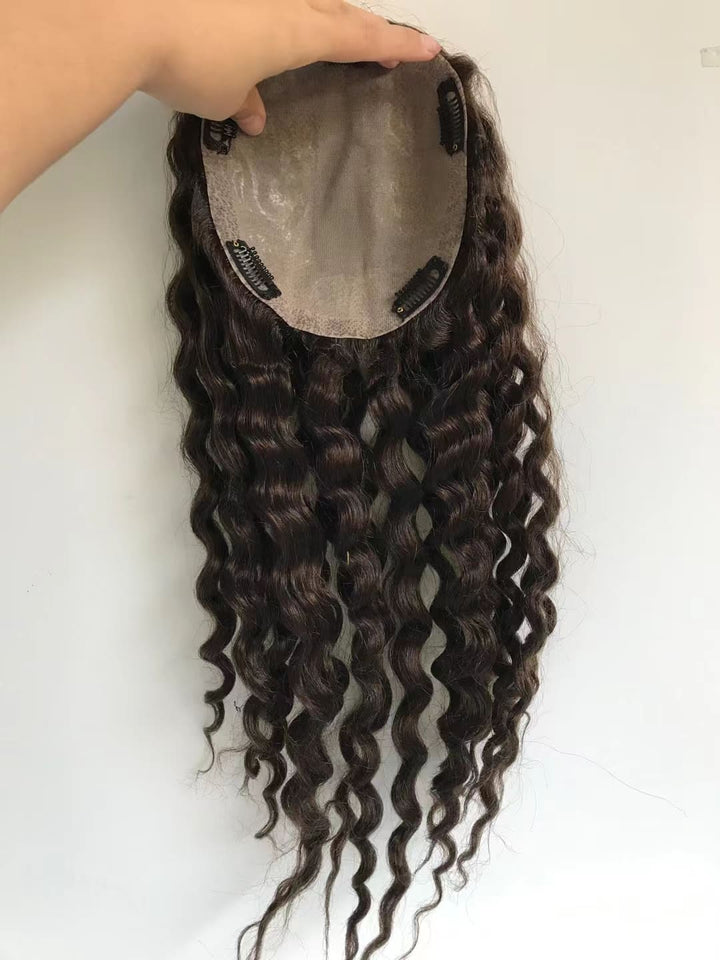 Black And Blonde Curly Water Wave Skin Base Cilp In Human Hair Topper - ULOFEY