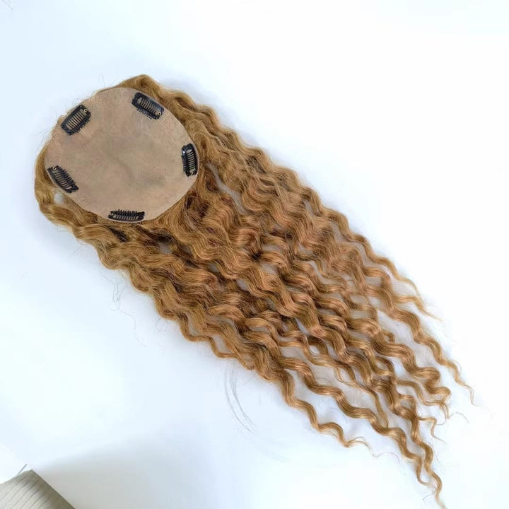 Black And Blonde Curly Water Wave Skin Base Cilp In Human Hair Topper - ULOFEY