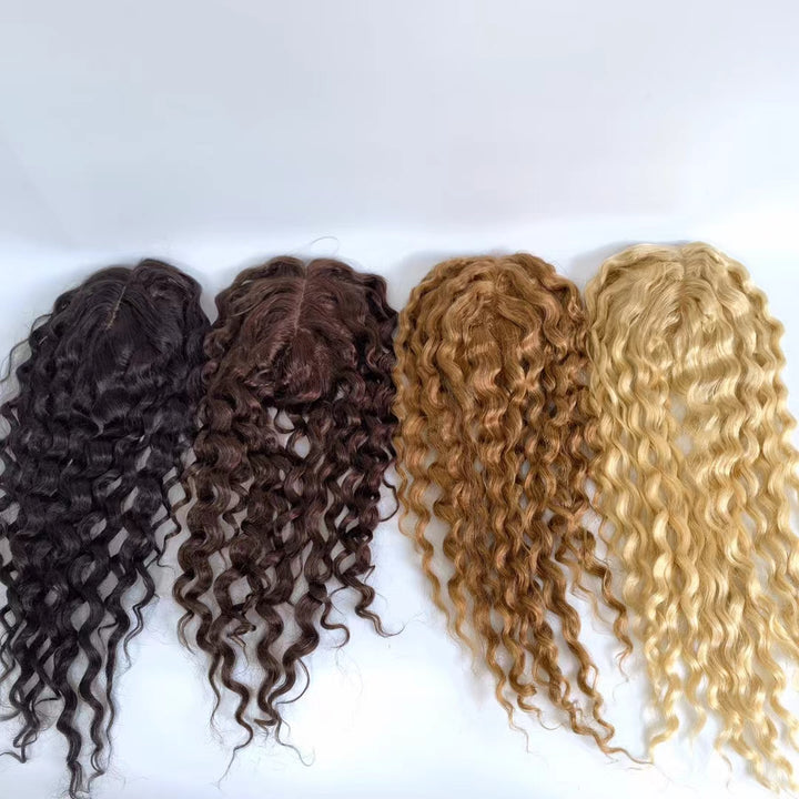 Black And Blonde Curly Water Wave Skin Base Cilp In Human Hair Topper - ULOFEY