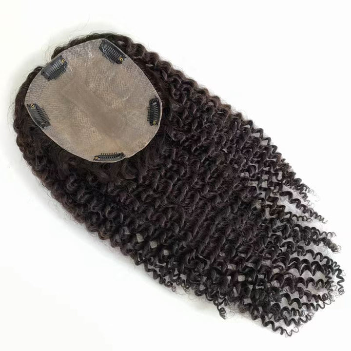 Black Curly Deep Wave Skin Base Clip In Human Hair Topper - ULOFEY