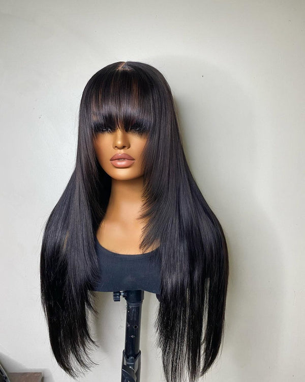 24inch Black Layered Cut Straight With Bang 5x5 Closure Human Hair Wig - ULOFEY