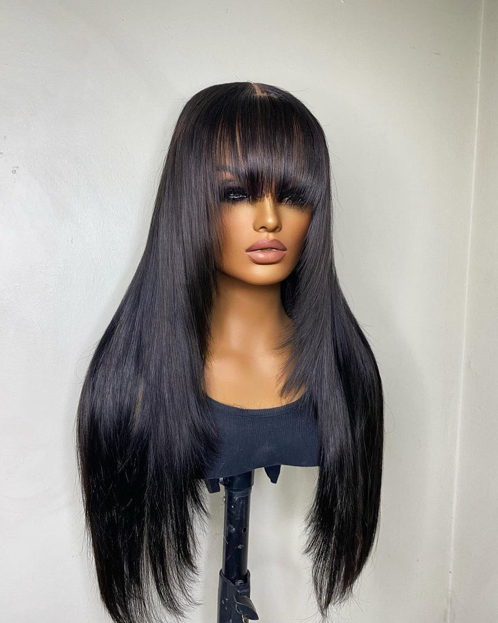 24inch Black Layered Cut Straight With Bang 5x5 Closure Human Hair Wig - ULOFEY