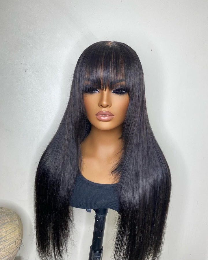 24inch Black Layered Cut Straight With Bang 5x5 Closure Human Hair Wig - ULOFEY