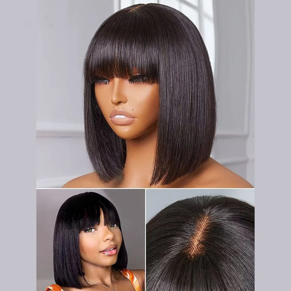 8-14inch Black Silky Straight Bob With Bangs HD 3x1 Glueless Human Hair Wig - ULOFEY
