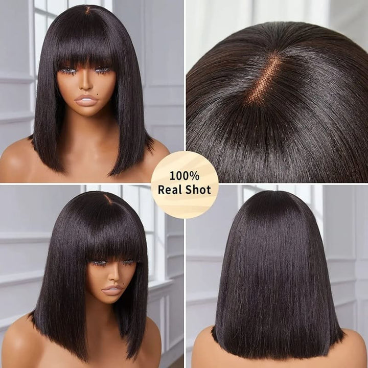 8-14inch Black Silky Straight Bob With Bangs HD 3x1 Glueless Human Hair Wig - ULOFEY