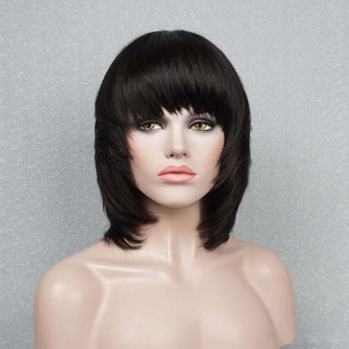 12inch Black Straight Layered Glueless with Bangs breathable cap human hair wig - ULOFEY