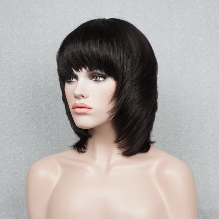 12inch Black Straight Layered Glueless with Bangs breathable cap human hair wig - ULOFEY
