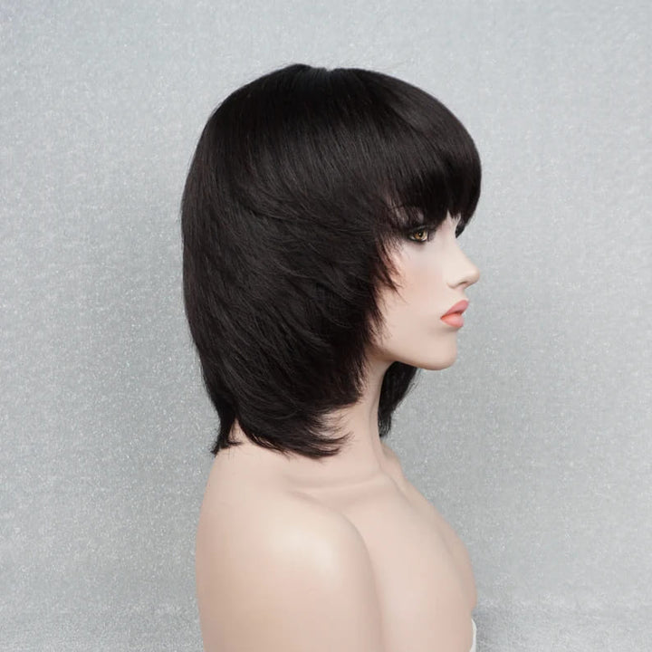 12inch Black Straight Layered Glueless with Bangs breathable cap human hair wig - ULOFEY
