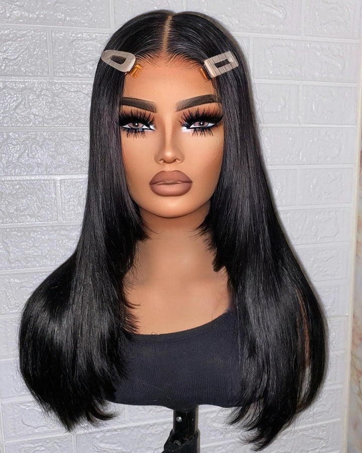 20-24inch Black⁣ Straight Layered Cut Glueless HD Lace 7x5 Closure Human Hair Wig - ULOFEY