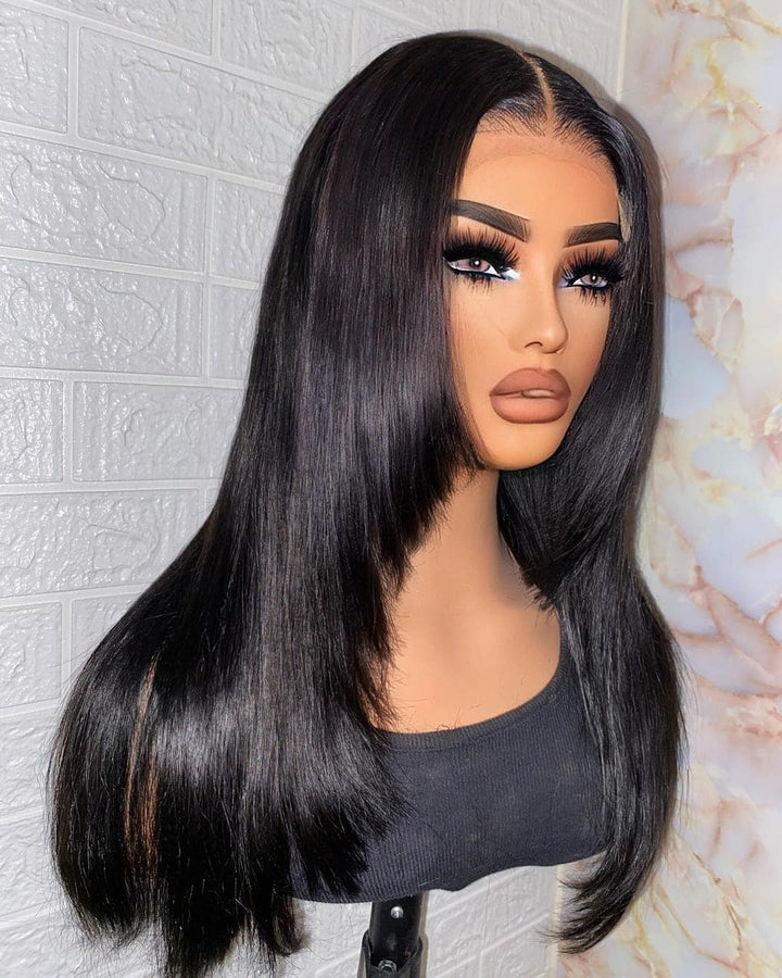 20-24inch Black⁣ Straight Layered Cut Glueless HD Lace 7x5 Closure Human Hair Wig - ULOFEY