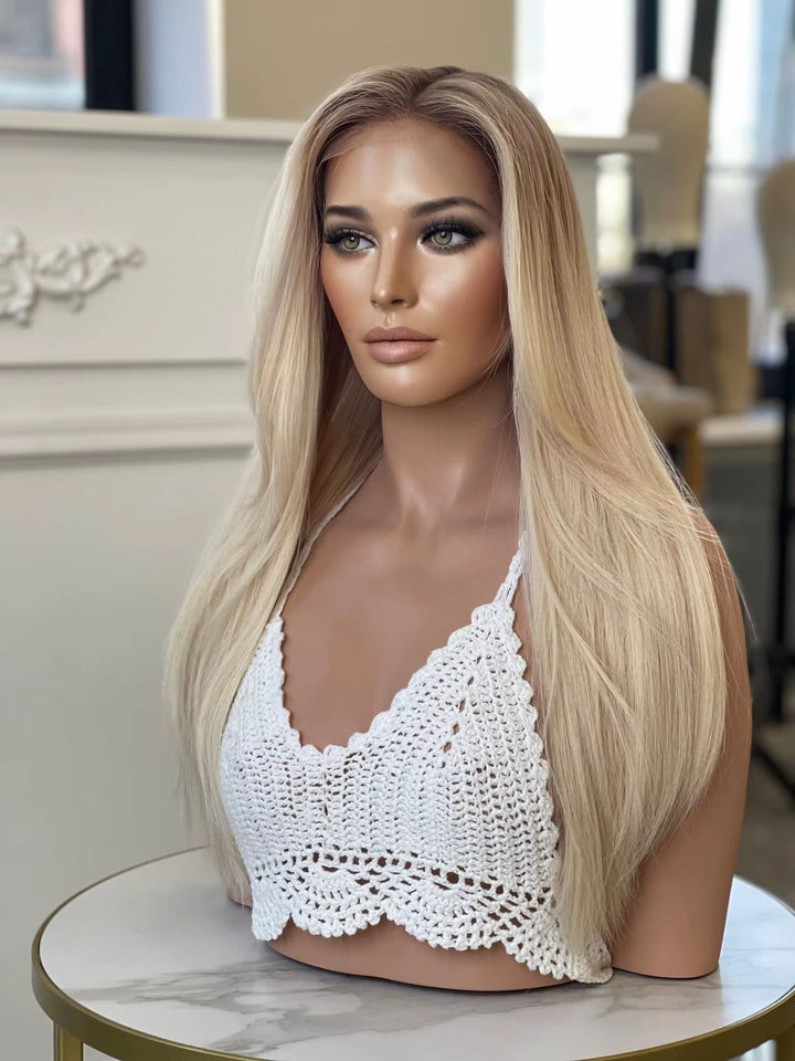 14-24inch Blended Blonde Virgin Human Hair Diamond lace
Top Fully Hand-Tied Medical Wigs - ULOFEY