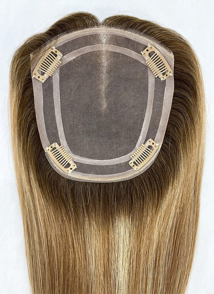 Blonde Balayage with Dark Roots 5" x 6" Mono Base Straight Virgin Human Hair Topper - ULOFEY