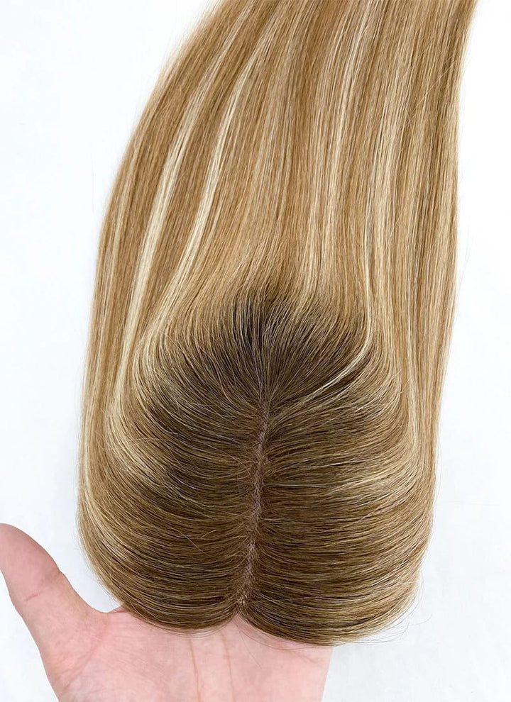 Blonde Balayage with Dark Roots 5" x 6" Mono Base Straight Virgin Human Hair Topper - ULOFEY