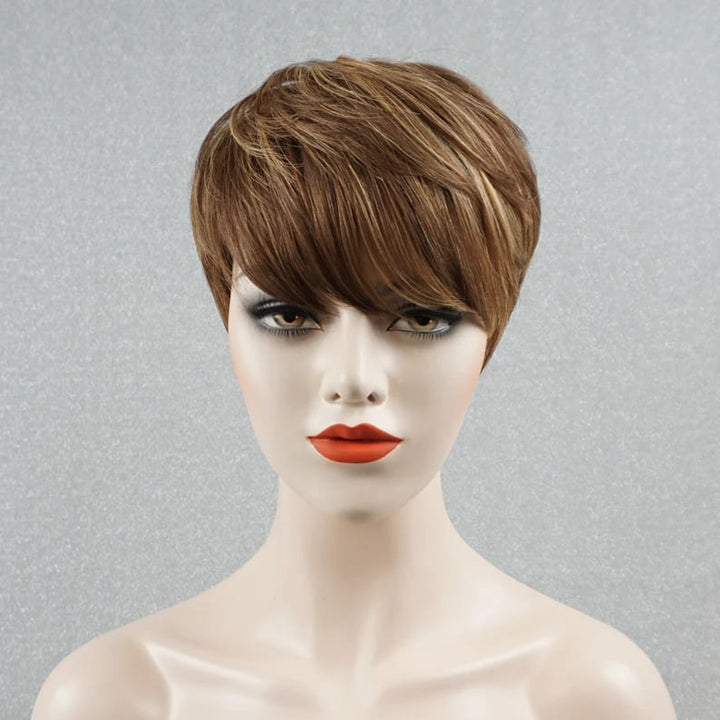 8inch Blonde Highlights Short Layered Cut Pixie Breathable Cap Human Hair Wig